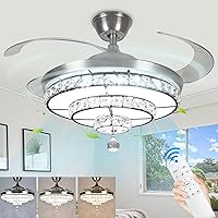 DLLT 42'' Crystal Ceiling Fan with Light, 36W Modern Reversible Ceiling Fan Remote, 3-Blade Retractable LED Fan Chandelier Indoor for Living Room, Bedroom, Dining Room, 3CCT 3000K-6000K, Nickel