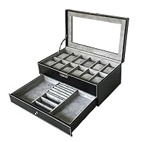 Watch Box Large 12 Mens Black Pu Leather Display Glass Top with Jewelry Box Case Organizer Tray