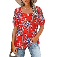 WIHOLL Womens Tops Square Neck Puff Short Sleeve Loose Fit Summer Shirts