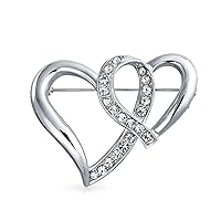 Wedding Holiday Pink Clear Glittering Crystal Bridal Fashion Large Statement Open or Interlocking Double Heart Scarf Brooch Pin For Women Silver Plated