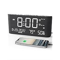 Raynic Alarm Clock, 8.7 Inch Digital Clock,5 Adjustable Volume Calendar Clock with Type-C Charger,Dual Alarms,Temperature, Humidity,Date,and 5 Dimmer for Bedroom Living Room Office (Grey)
