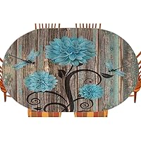 Rustic Wooden Dahlia Flower Oval Fitted Tablecloth, Dragonfly Floral Old Garage Door American Native Country Farmhouse Decor, for Kitchen Dining, Party, Holiday, Christmas, Buffet, 42