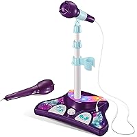 Kids Karaoke Machine with 2 Microphones and Adjustable Stand, Music Sing Along with Flashing Stage Lights and Pedals for Fun Musical Effects