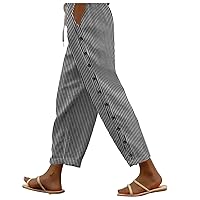 Olzeep Striped Side Pocket Pant Button Down Crop Capris Pants Loose Fit Summer Casual Linen Pants Trousers with Pockets