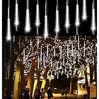 Christmas Lights Meteor Shower Rain Lights 10 Tube 240 LED 12 Inch Waterproof Plug in Falling Rain Fairy String Lights for Halloween Christmas Holiday Party Home Patio Outdoor Decoration, White