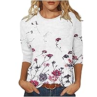 3/4 Length Sleeve Shirts for Women Casual Floral Print Vintage Crewneck Tshirt Loose Fit Tunic Tops Summer Dressy Shirts