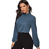 Floerns Women's Long Puff Sleeve Mock Neck Sheer Chiffon Blouse Tops