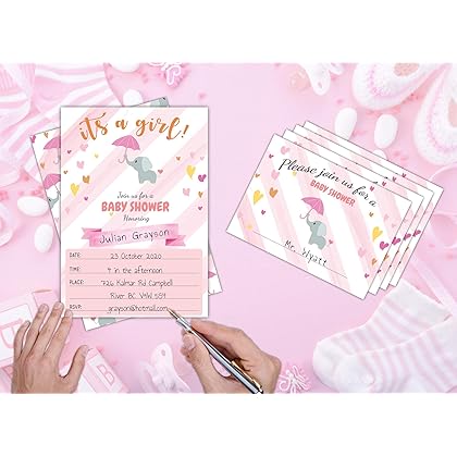 Avamie 20 Pack It's A Girl Pink Elephant Baby Shower Invitations with Envelopes and Stickers, Baby Shower Invitations For Girls