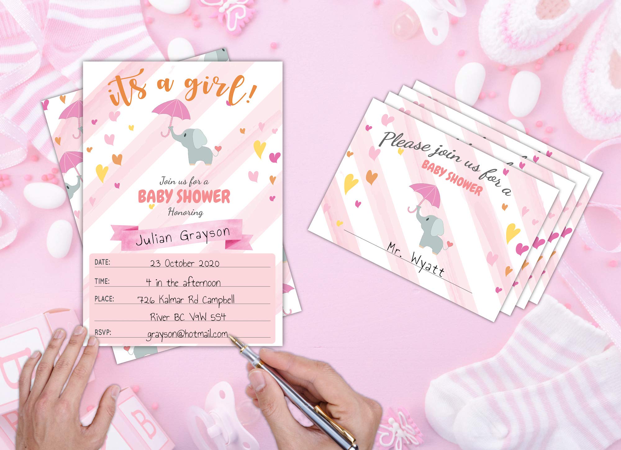 Avamie 20 Pack It's A Girl Pink Elephant Baby Shower Invitations with Envelopes and Stickers, Baby Shower Invitations For Girls