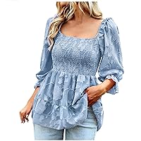 Womens Babydoll Smocked Tops Casual Square Neck 3/4 Ruffle Sleeve Shirts Floral Textured Peplum Tunic Blouses for Leggings