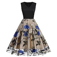 Women's V-Neck Sleeveless Swing Vintage 1950s Cocktail Dress Mesh Embroidery Retro Flared A-Line Tea Party Dresses