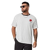 Men's Shirts Men's Tops Men Striped & Rose Print Tee (Color : White, Size : 3X-Large)