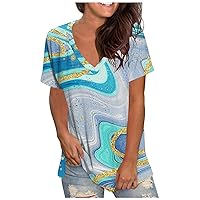 Plus Size Tops for Women Fashion Marble Graphic Tees Casual Short Sleeve Tunic Shirts V Neck Loose Fit Blouses