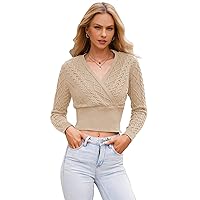 HUUSA Women's Sexy V Neck Wrap Sweater Long Sleeve Slim Fit Cable Cropped Knit Sweater Pullover Jumper Blouses Tops