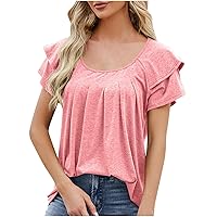 Women Summer Blouse 2024 Casual Flutter Sleeve Tops Sexy Fashion Pleated T Shirt Loose Fit Plain Work Dressy Tunic