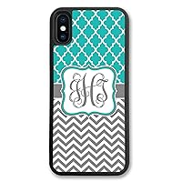 iPhone Xs Max, Phone Case Compatible with iPhone Xs Max [6.5 inch] Teal Lattice & Grey Chevrons Monogrammed Personalized IPXSM