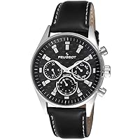 Peugeot Men's Stainless Steel Dress Wrist Watch, Multi-Function with Calendar and Genuine Leather Strap