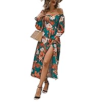 Women's Dress Floral Print Off Shoulder Flare Sleeve Split Thigh Dress