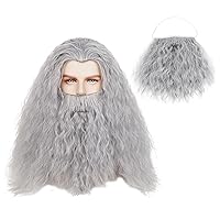 Probeauty Wizard Wig for Adults, Long Grey Curly Cosplay Wig with Beard for Halloween Costume Party