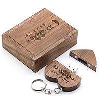 64GB Wood USB 3.0 Flash Drive with Laser Engraved Mr & Mrs Design - 64GB Wooden Heart Shape USB Memory Stick Thumb Drivers with Matching Box for Novelty Gift (Walnut)