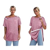 Post Shoulder Surgery Shirts for Women Unisex Snap Tear Away Shirt for Men Short Sleeve Chemo Port Access Adaptive Clothing