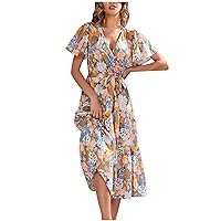 Boho Midi Dress for Women Floral Print Casual Wrap V Neck Tie Waist A-line Dresses Summer Short Sleeve Flowy Dress