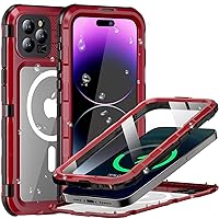 for iPhone 14 Pro Max Waterproof Case, [IP68 Underwater][Military Dropproof, Shockproof][Compatible with MagSafe][Full Body Metal], Heavy Duty Phone Cover for iPhone 14 Promax, 6.7 inch (Red)
