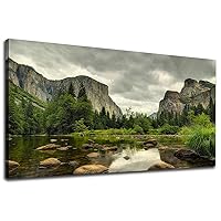 Green Wall Art Mountain Clear Water Nature Pictures Wall Decor Yosemite National Park Scenery Canvas Painting Modern Tree Rock River Nature Landscape Canvas Print Artwork for Wall Decoration 30