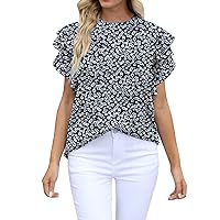 Mimi Shirts for Women Floral Print Tops for Women Crew Neckline Basic Tee Shirts Petal Sleeve Shirts Womens Lo