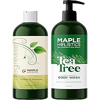 Cleansing Body Wash and Shampoo Set - Sulfate Free Shampoo for Oily Hair and Hydrating Tea Tree Body Wash for Dry Skin - Degrease Shampoo and Body Soap with Essential Oils for Skin and Hair Care