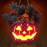 Lighted Halloween Pumpkin Sign Wreath Pumpkin Lantern with Black Maple Leaves Berries Hanging Decoration with Led Lights Battery Operated Halloween Decor for Home Outdoor Front Door Party