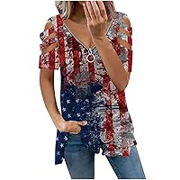 Womens Patriotic Graphic Shirt Blouses V Neck Zip Vintage American Flag Tunic Tops July 4th Independence Day Shirts