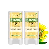 Babo Botanicals Super Shield SPF 50 Stick Sunscreen - 70% Organic Ingredients - Natural Zinc Oxide - For all ages - NSF & MADE SAFE Certified - EWG Verified - Water Resistant - Fragrance-Free-1-2 Pack