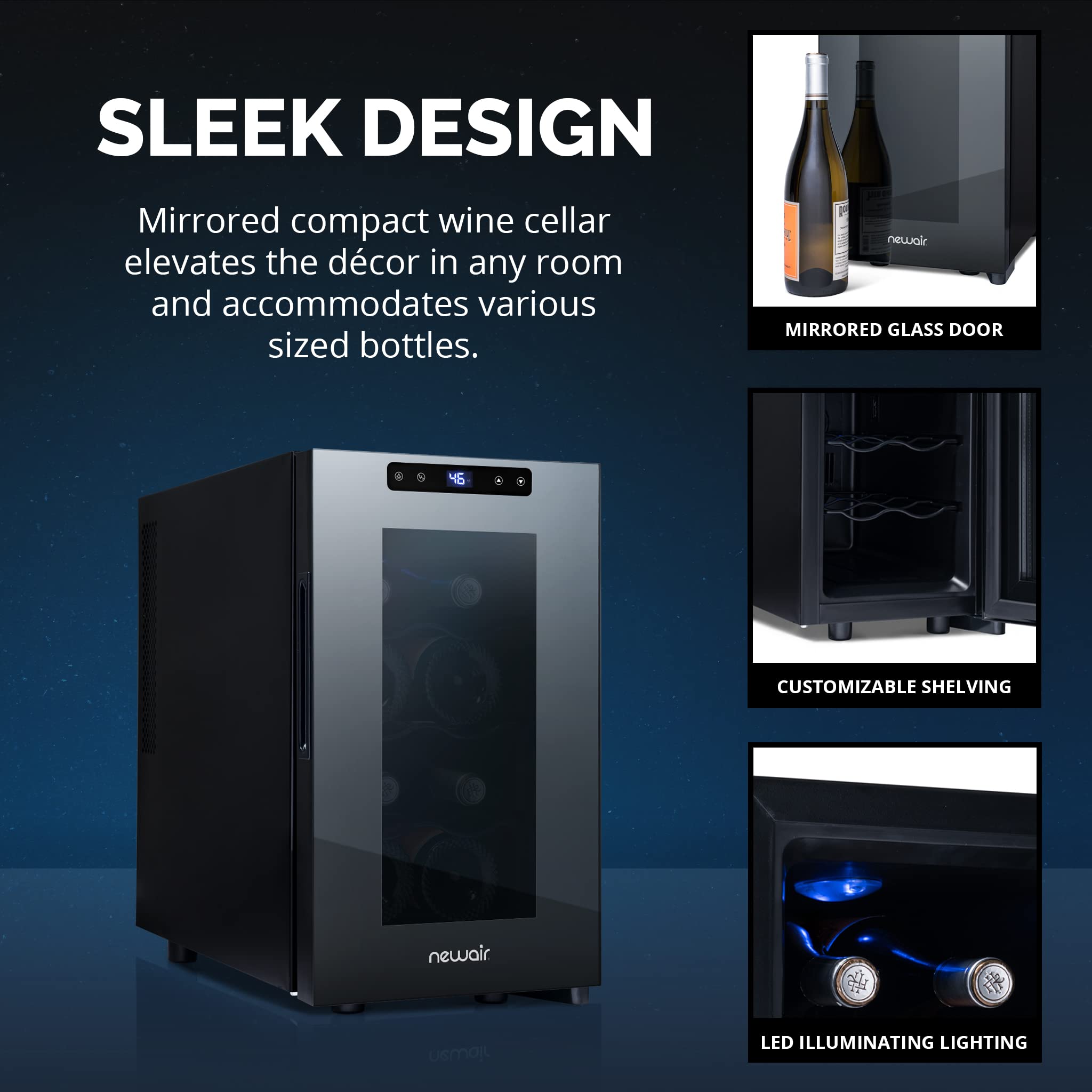 NewAir Shadow-T Series Wine Cooler Refrigerator | 8 Bottle | Countertop Mirrored Compact Wine Cellar with Triple-Layer Tempered Glass Door | Vibration-Free & Ultra-Quiet Thermoelectric Cooling