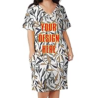 Custom Women's Classic Dress Shirt V-Neck Oversize Loose Dresses with Pockets Text Photo Print Size S-5XL