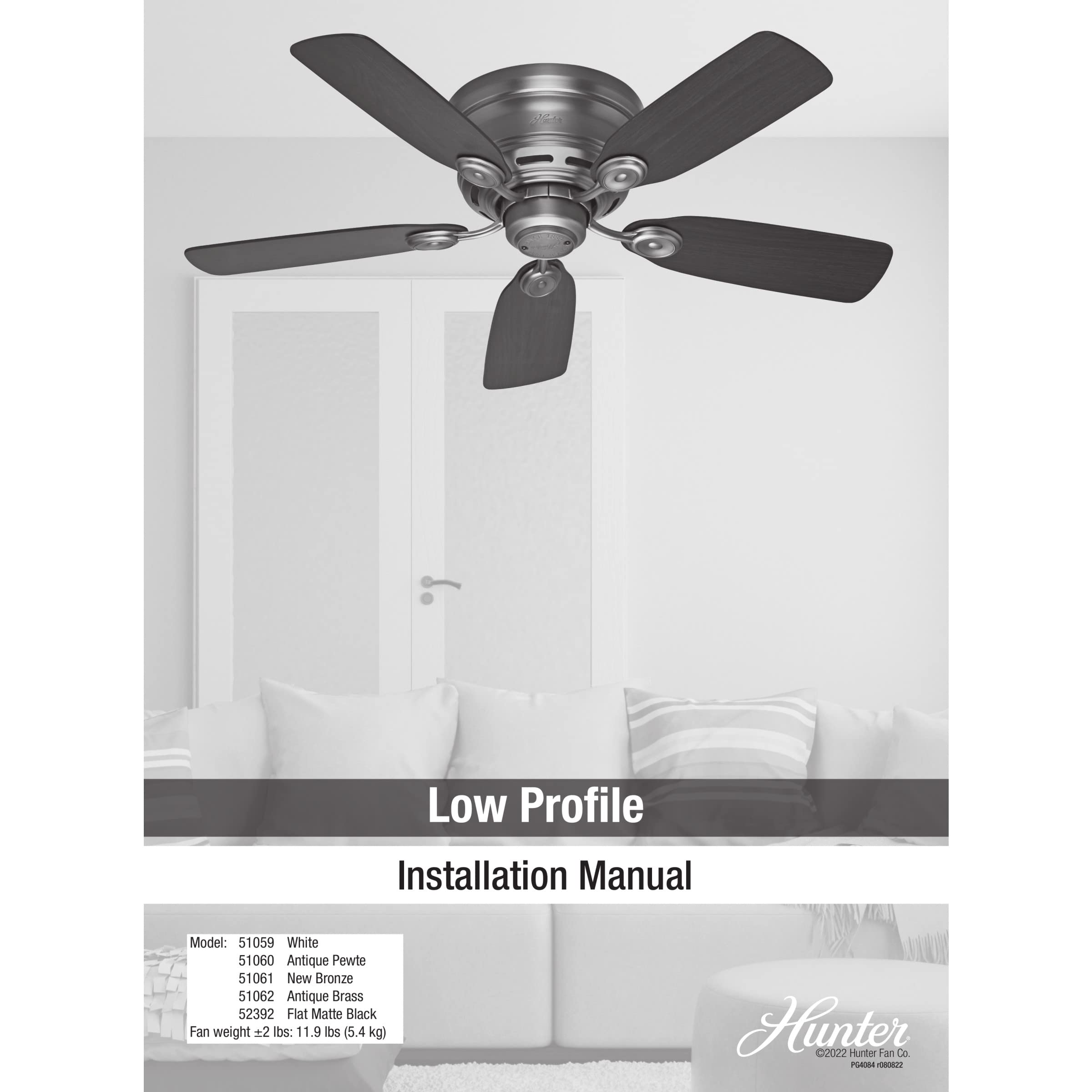 Hunter Fan Company 51060 Hunter Indoor Low Profile IV Ceiling Fan with Pull Chain Control, 42