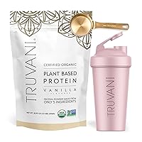 Truvani Vegan Vanilla Protein Powder with Pink Shaker Cup & Scoop Bundle - 20g of Organic Plant Based Protein Powder - Includes Stainless Steel Shaker Cup & Durable Protein Metal Scoop