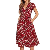 Summer Dresses for Women 2023 V Neck Wrap Floral Print Slant Pocket Dress