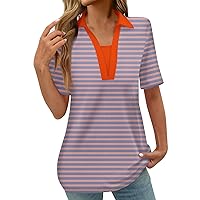 Blouses for Women Dressy Casual,Womens Polo Shirts V Neck Stripe Short Sleeve Casual Blouse Summer Loose Fit Work Golf Stand Collar Tee Tops Short Sleeves Shirts for Women