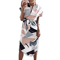 ECOWISH Womens Dresses Summer Casual V-Neck Floral Print Geometric Pattern Belted Summer Dresses for Women 2023