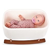B. babi by Battat – 14-inch Baby Girl Doll & Bassinet – Medium-Light Skin Tone & Gray Eyes – Removable Heart Polka Dot Pajama with Pacifier – Rocking Cradle Pretend-Play–Toys for Kids Ages 2+