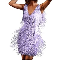 Fashion Sparkly Sequin Tassel Tunin Tank Dress for Women Summer Sleeveless V Neck Nightclub Party Sexy Mini Dresses
