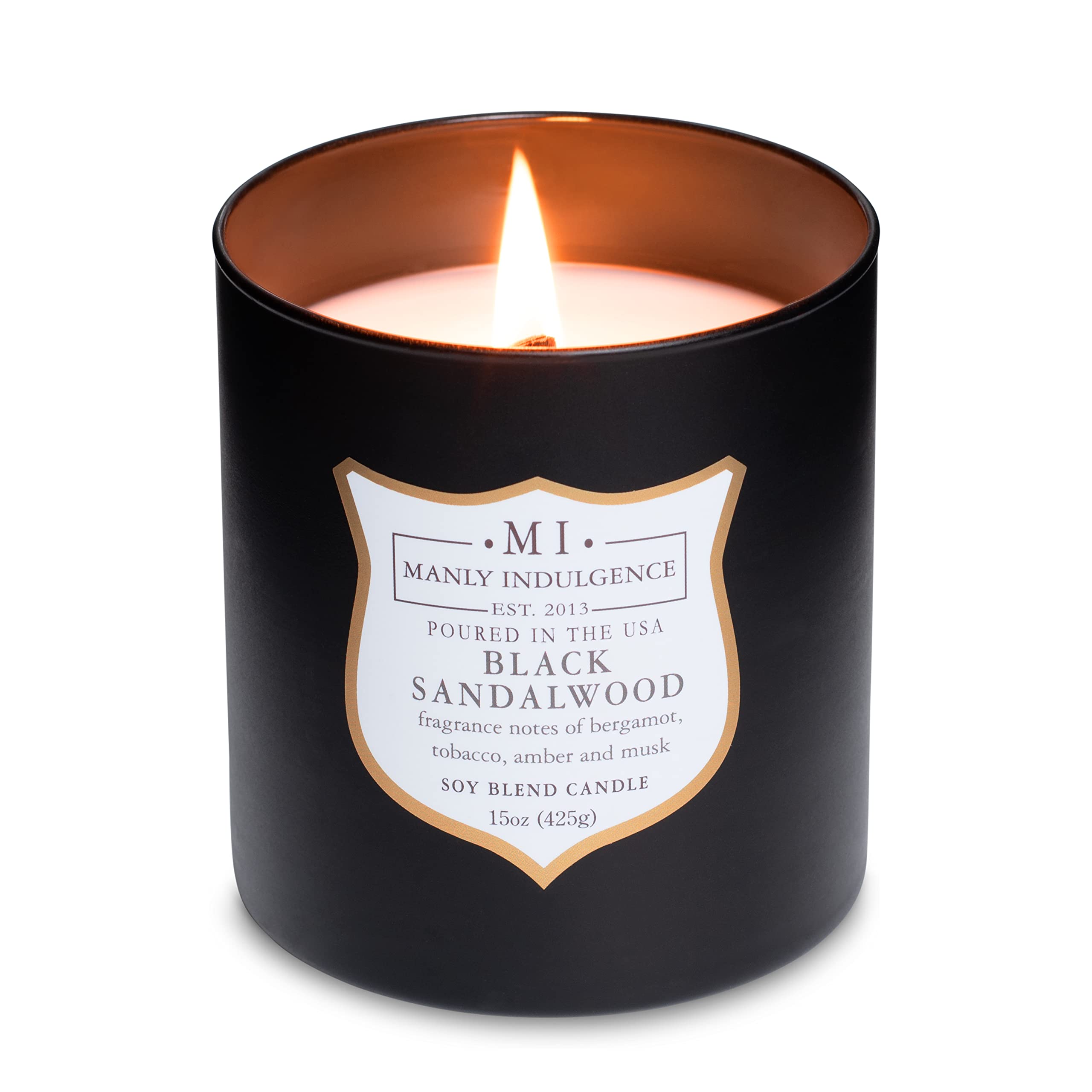 Manly Indulgence Scented Jar Candle, Black Sandalwood, Signature Collection, Soy Wax Blend, Wooden Wick, 15 Oz, Single (Bergamot, Tobacco, Amber & Musk)