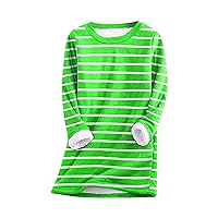 Round Neck Stripe Print Winter Clothes Women's Long Sleeve Sherpa Fleece-Lined Tunic Tops Baggy Warm Outwear Blouse Top