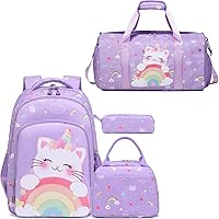 Kimwadalh 3PCS Purple Unicorn Cat Backpack with Lunch Bag & Pencil Case and Unicorn Cat Duffle Bag for Girls