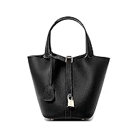 Genuine Leather Small Bucket Bag for Women Stylish Lock Design Satchel Purses Handbags Daily Casual Soft Shoulder Bag