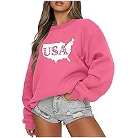 Women USA Graphic Shirts Crewneck Letter Print Sweatshirts Long Sleeve Fleece Tops Casual Oversized Pullover Blouse