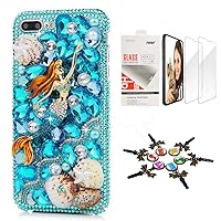 STENES Bling Case Compatible with Google Pixel 3a - Stylish - 3D Handmade [Sparkle Series] Mermaid Girls Starfish Shell Design Cover with Screen Protector [2 Pack] - Blue