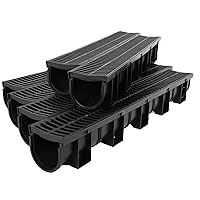 Trench Drain System, Channel Drain with Plastic Grate, 5.9x5.1-Inch HDPE Drainage Trench, Black Plastic Garage and GardenDrain, 6x39 Trench Drain Grate, with 6 End Caps,Convenient Assembly（6 Pack）