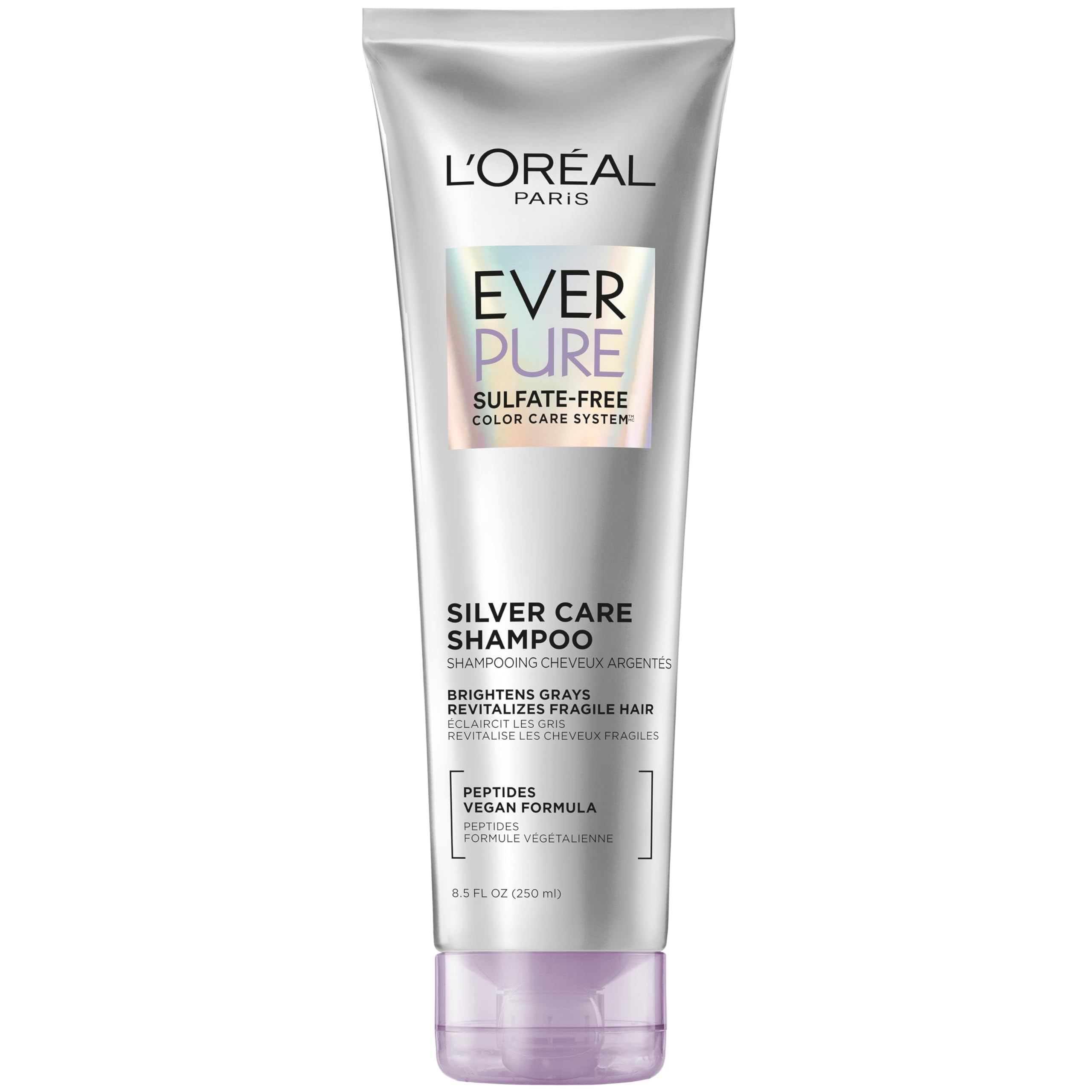 L'Oreal Paris EverPure Silver Care Sulfate Free Shampoo, Brightening and Nourishing Hair Care for Gray and Silver Hair, Vegan Formula with Peptides, 8.5 Fl Oz